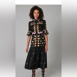 Temperley London Black Midi Dress with Pink and Gold Accents